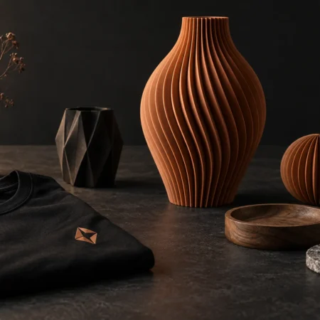 Workshop concept with a copper 3D printed vase, black apparel, and wood and stone craft pieces