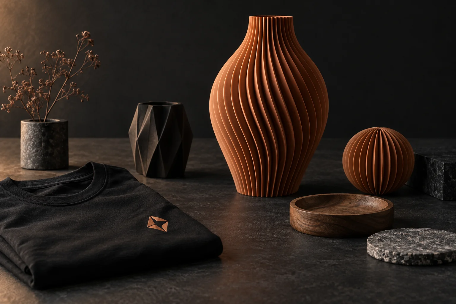 Workshop concept featuring a copper ribbed 3D printed vase, black apparel, and wood and stone craft pieces